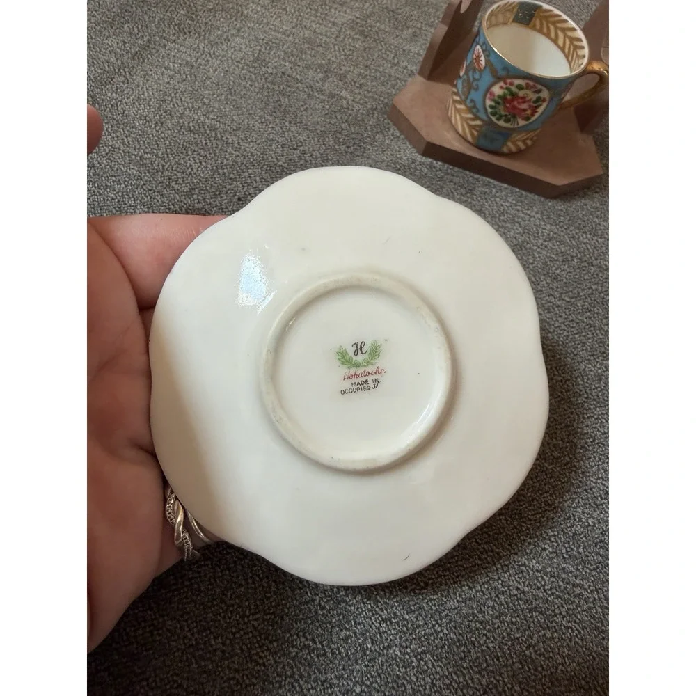 VTG Demitasse Cup & Saucer Porcelain Hand Painted Blue & Gold Floral Hokutosha